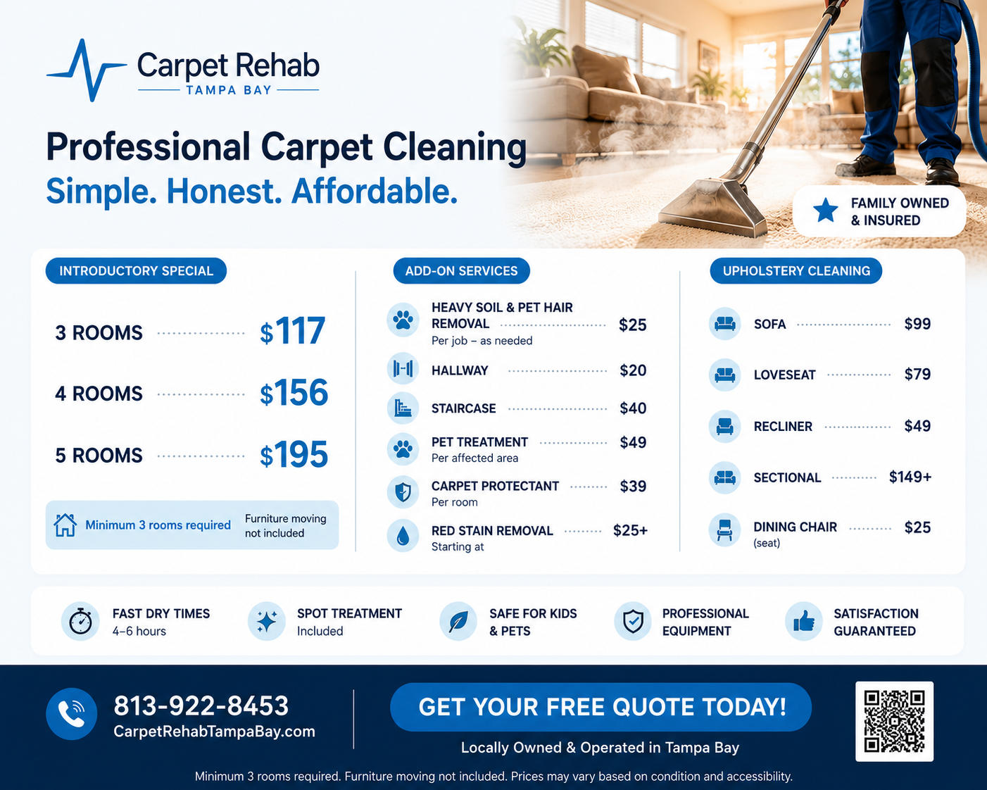 Carpet Rehab Tampa Bay pricing chart showing room packages, add-on services, and upholstery cleaning rates