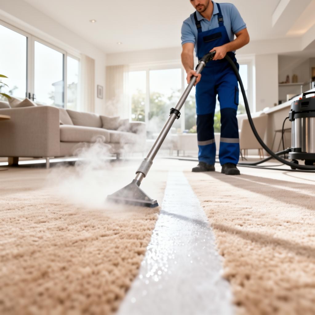 Technician steam cleaning a beige living room carpet, leaving a fresh stripe